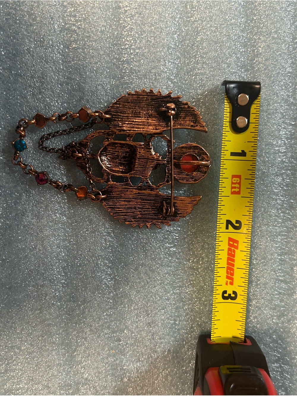 Source Unknown Blue and Coral Winged Scarab Brooch with Chain Drops - Picture 6 of 7
